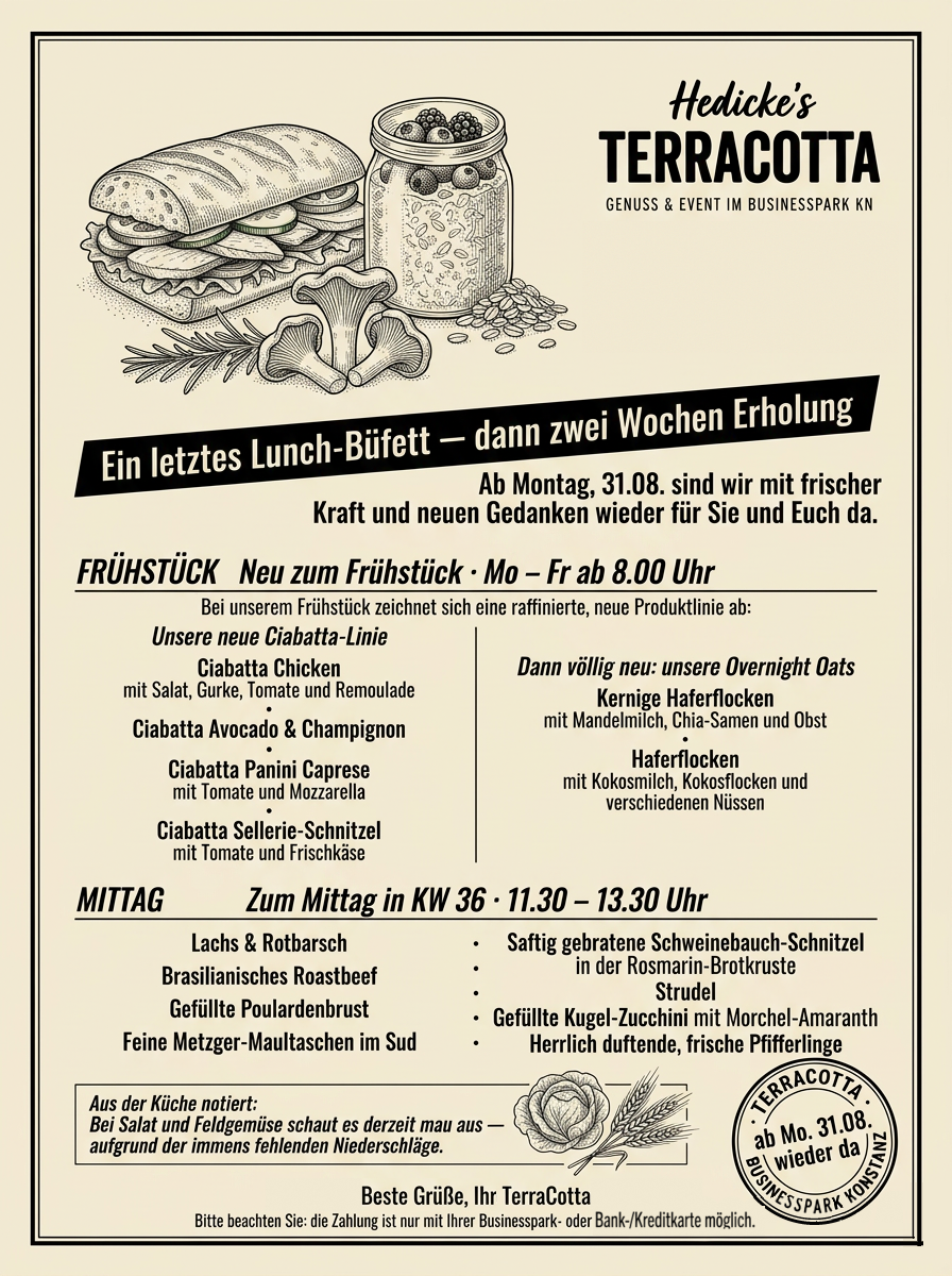 Wochenkarte KW 36 — Hedicke's Terracotta: ein letztes Lunch-Büfett,
                        dann zwei Wochen Erholung — ab Montag, 31.08. sind wir wieder da.
                        Frühstück Mo–Fr ab 8.00 Uhr mit der neuen Ciabatta-Linie und Overnight
                        Oats; Mittag 11.30–13.30 Uhr