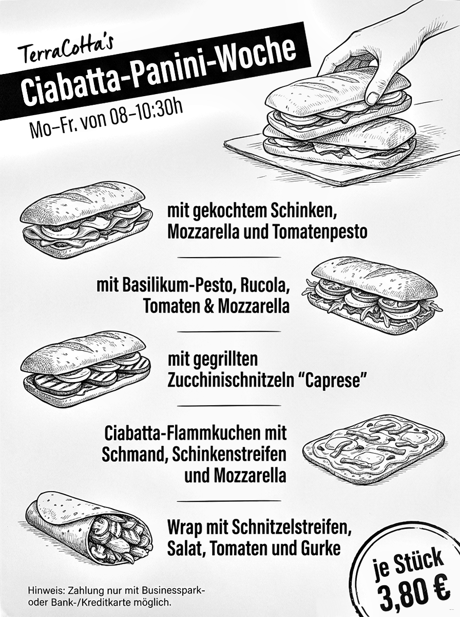 TerraCotta's Ciabatta-Panini-Woche, Mo–Fr von 8.00–10.30 Uhr — Ciabatta mit
                        Schinken, Mozzarella und Tomatenpesto; mit Basilikum-Pesto, Rucola, Tomaten
                        und Mozzarella; mit gegrillten Zucchinischnitzeln „Caprese“;
                        Ciabatta-Flammkuchen mit Schmand, Schinkenstreifen und Mozzarella; Wrap mit
                        Schnitzelstreifen, Salat, Tomaten und Gurke — je Stück 3,80 €